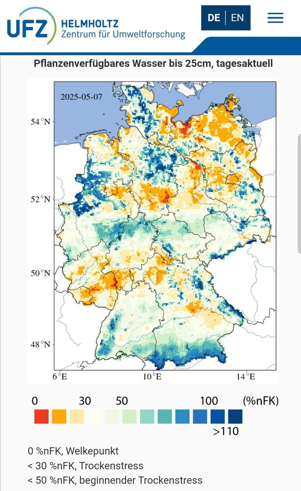 Pflanzenverfügbares Wasser bis 25cm, tagesaktuell