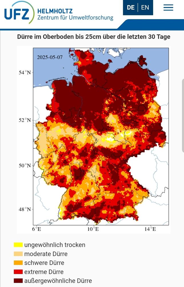 Dürre im Oberboden bis 25cm über die letzten 30 Tage