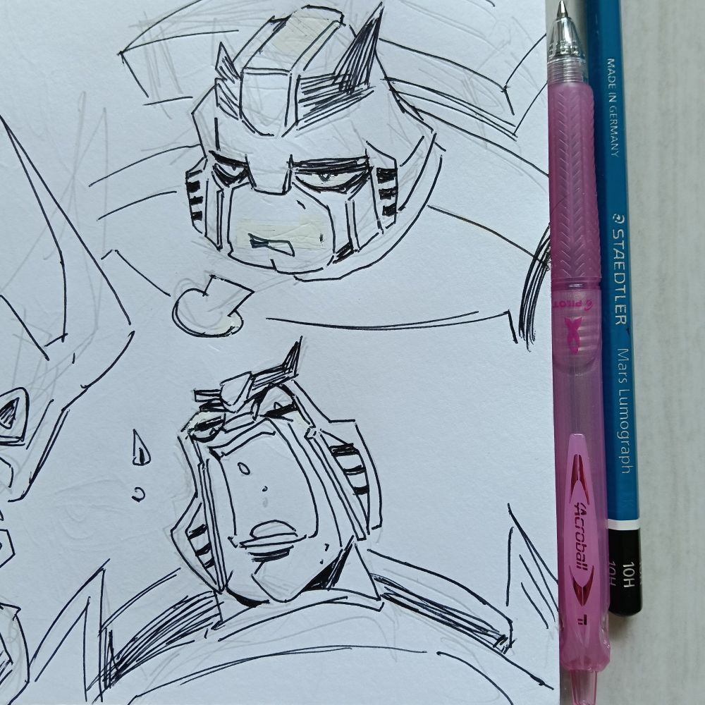 I am having fun making facial expressions of Transformers Animated Ratchet. Tools used are Pilot Acroball, and Staedtler 10H pencil. The occasional Correction Tape not seen. 