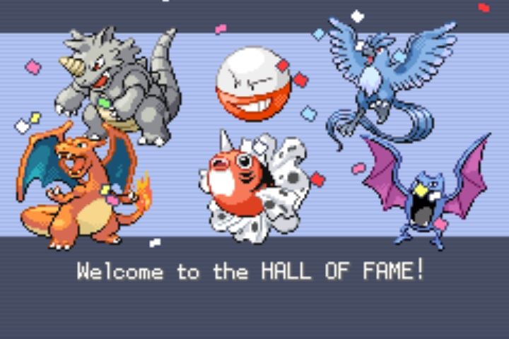 Pokemon Leaf Green Hall of Fame screenshot featuring from left to right top to bottom a Rhydon, Electrode, Articuno, Charizard, Seaking, and Golbat.