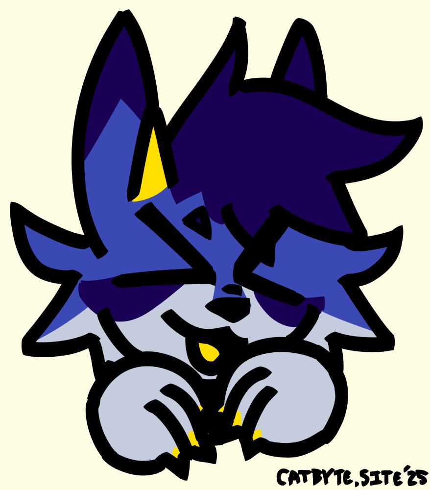 silly headshot of my horned wolf fursona cobalt making a “XD face”
