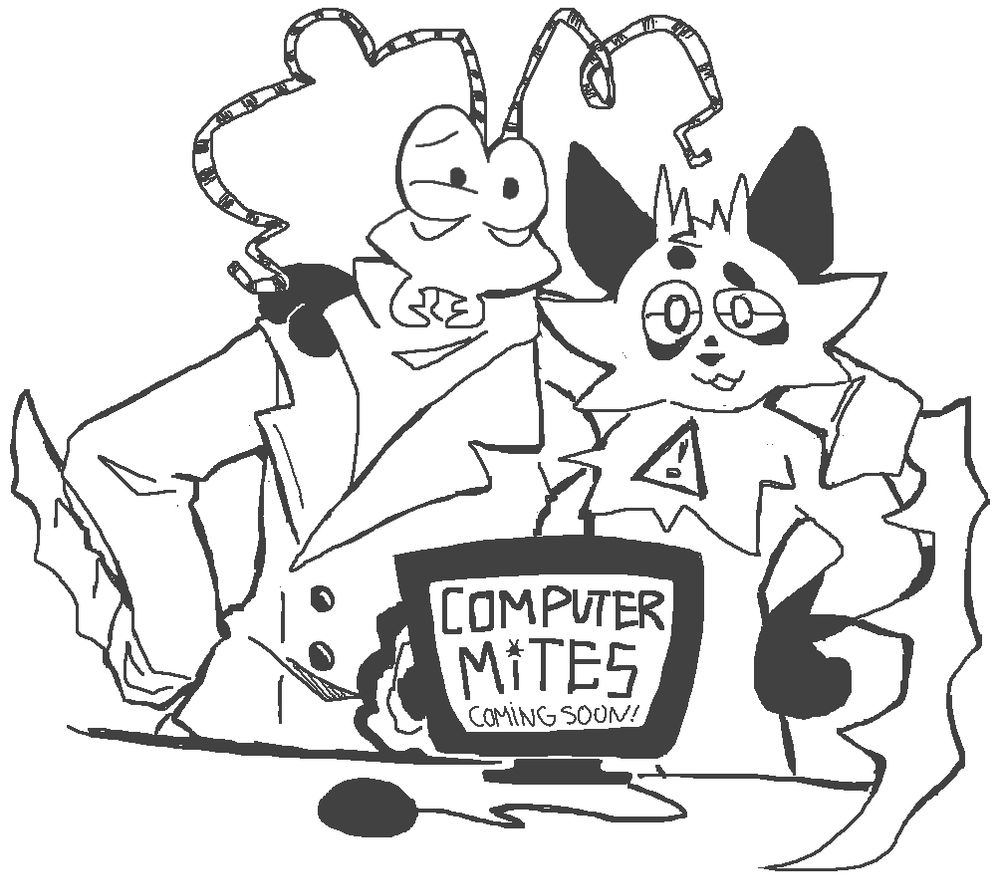 drawing by keeb (@insectanatomy.bsky.social‬) of our fursonas, (big mantis bug furry and cat with cool horns) with an arm around each other facing the camera directly. they are standing in front of a computer with our cool new "brand" name "COMPUTER MITES", which is labelled "COMING SOON!".

tags: #furry #furryart #fursale