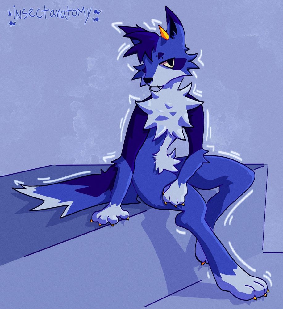 full body illustration of my horned wolf fursona, cobalt. he’s sitting on a ledge looking all cool.