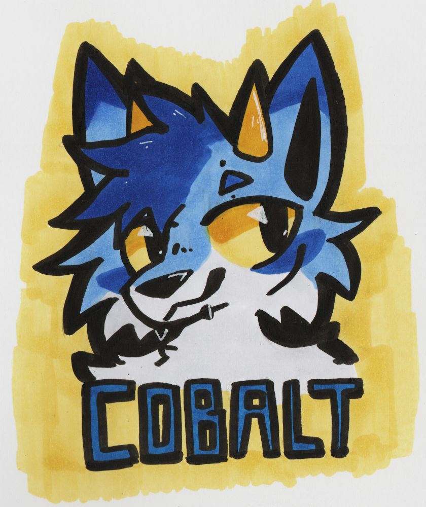 scan of a traditional badge artwork of my horned wolf sona cobalt. the badge is not yet cut out or laminated.