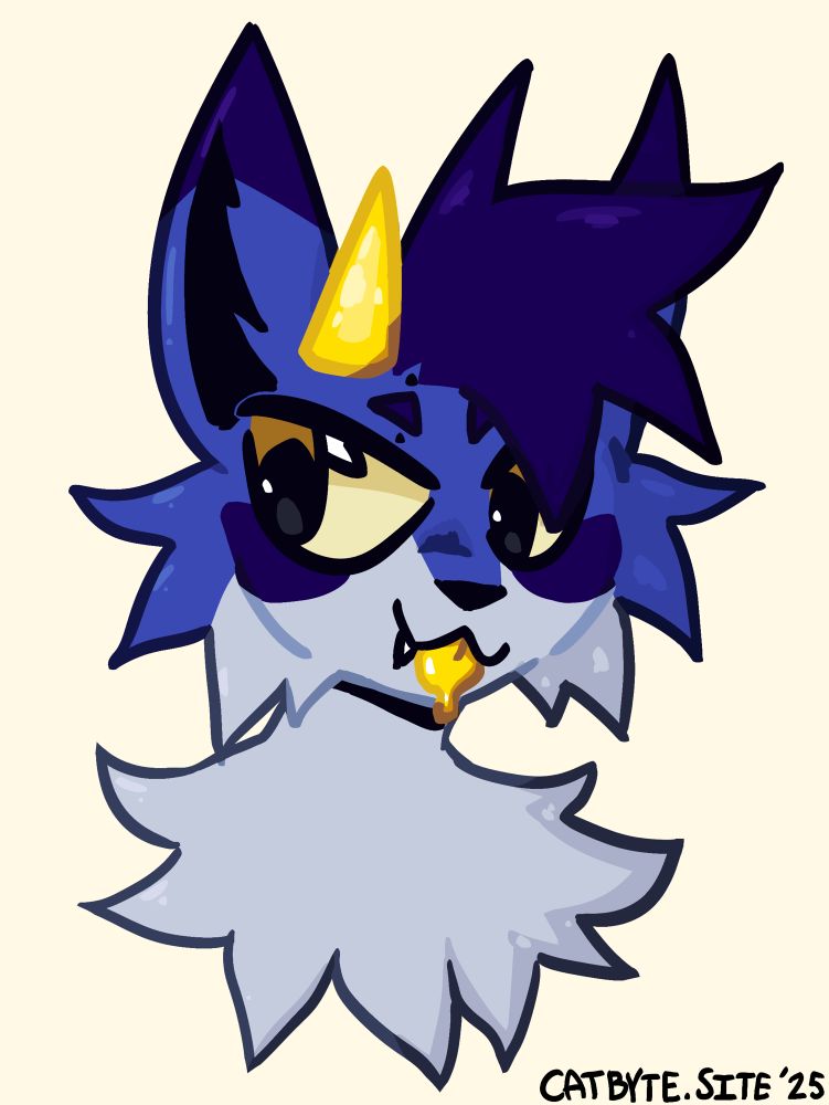 stylized headshot of my wolf fursona cobalt, he’s sticking his tongue out :)