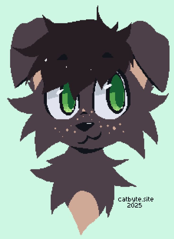 stylized headshot drawing of a canine character with floppy ears.