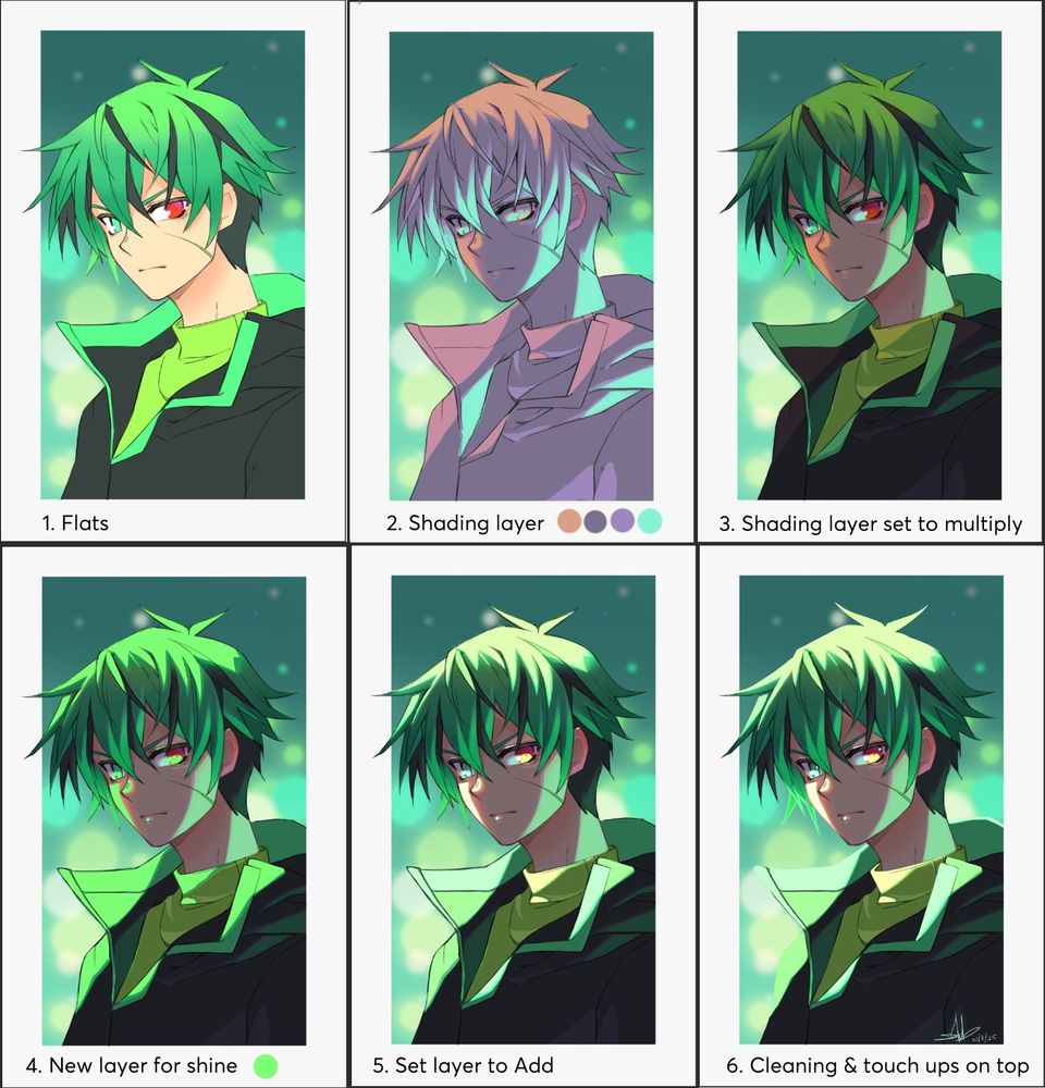 Step by step on how I did shading. 
1. Flats 
2. Shading layer (colour pallet included. It's all one layer shading)
3. Shading layer set to multiply
4. New layer for shine (colour choice included)
5. Set layer to Add
6. Cleaning & touch ups on top. Basically this means I add a layer on the top and just scribble over everything for the finer details like drawing over lineart and adding shine.