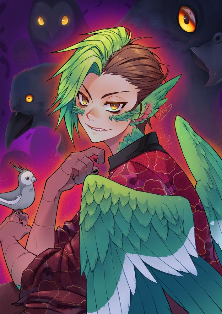Drawing of Azer, a green feathered harpy surrounded by birds.