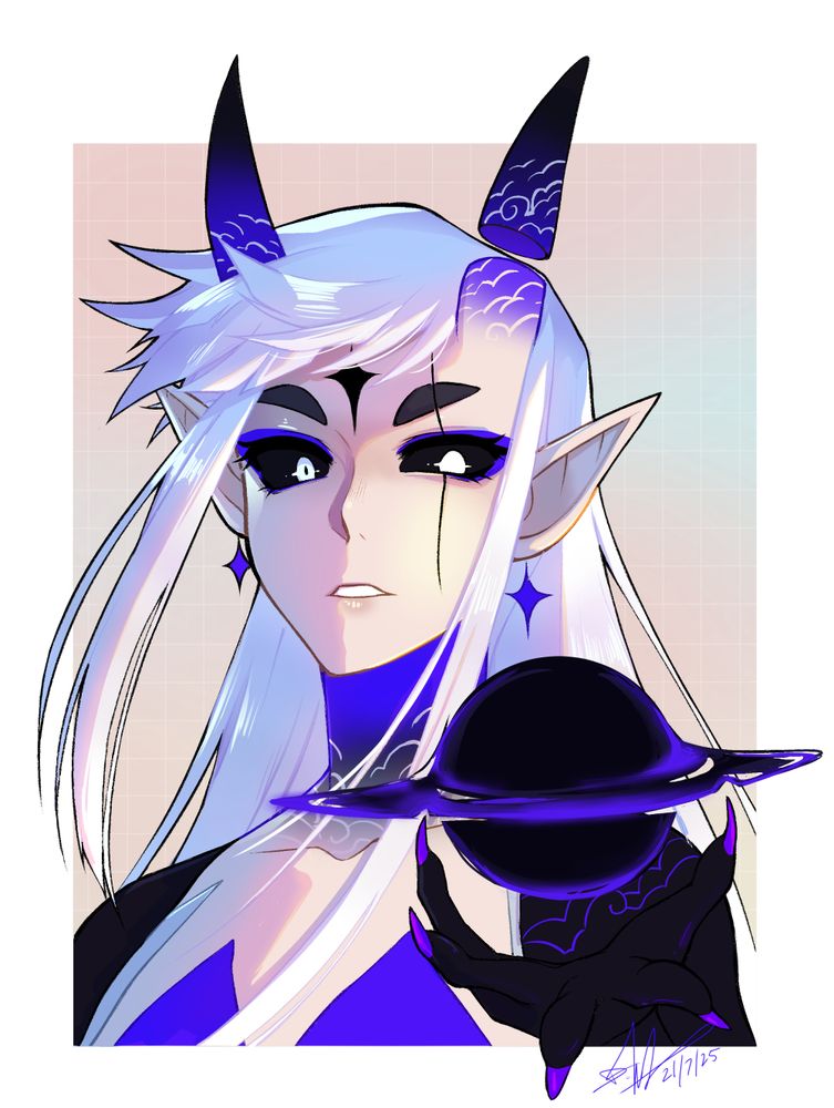 Bust illustration of a demon girl with white hair and blue/black tipped horns. There is a small black hole hovering above her hand. 