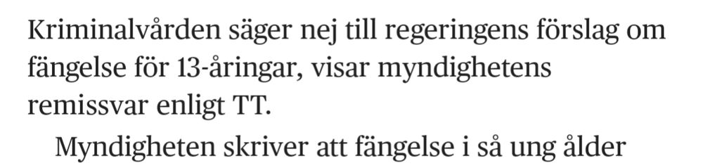 Nyhet om att kriminalvården säger nej till att fängsla barn