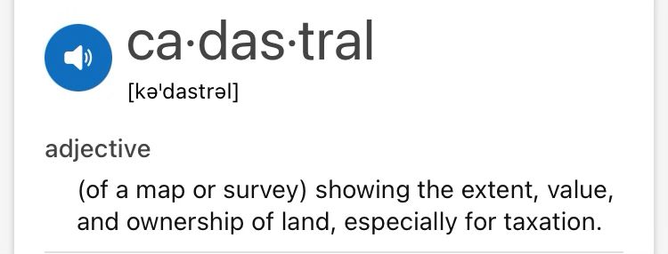 Screenshot of Bing search result for 'cadastral': adjective. (of a map or survey) showing the extent, value, and ownership of land, especially for taxation.