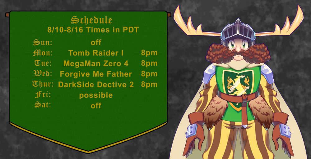 Schedule times on a banner next to a mustached knight with moose antlers