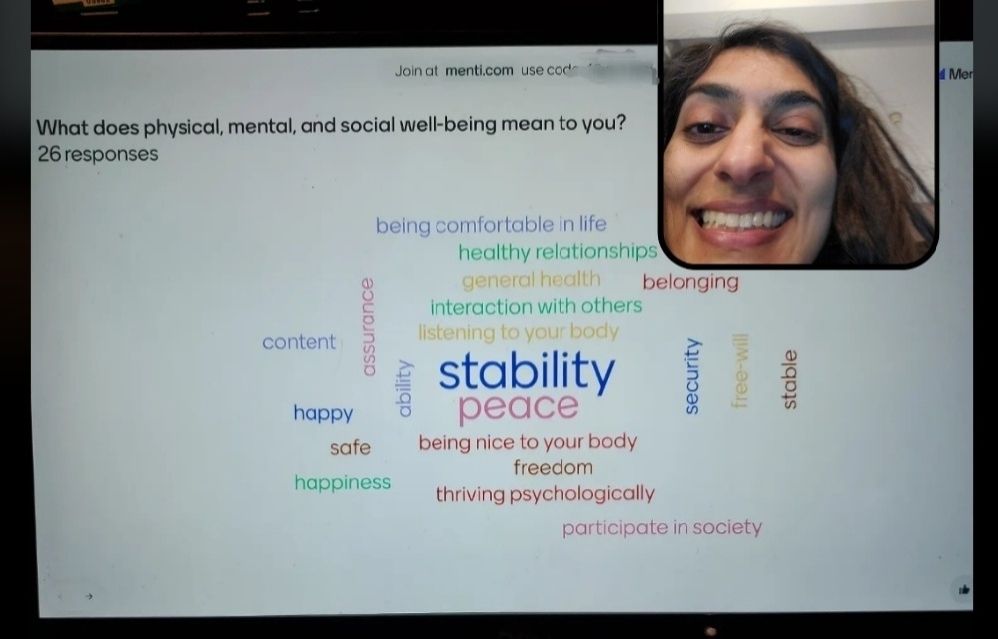 Word cloud of responses to "what does physical, mental, and social wellbeing mean to you?". Two largest words in the center are stability and peace.