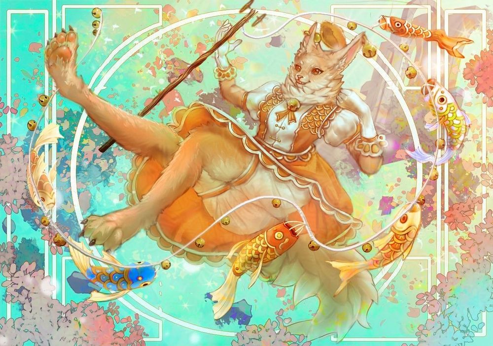 An anthro fox with blonde and white fur wearing an orange dress with fish scale details, puffy sleeves and gloves floating through the sky surrounded by cherry blossoms. She’s holding a pole with fish wind socks and bells, they curl around her