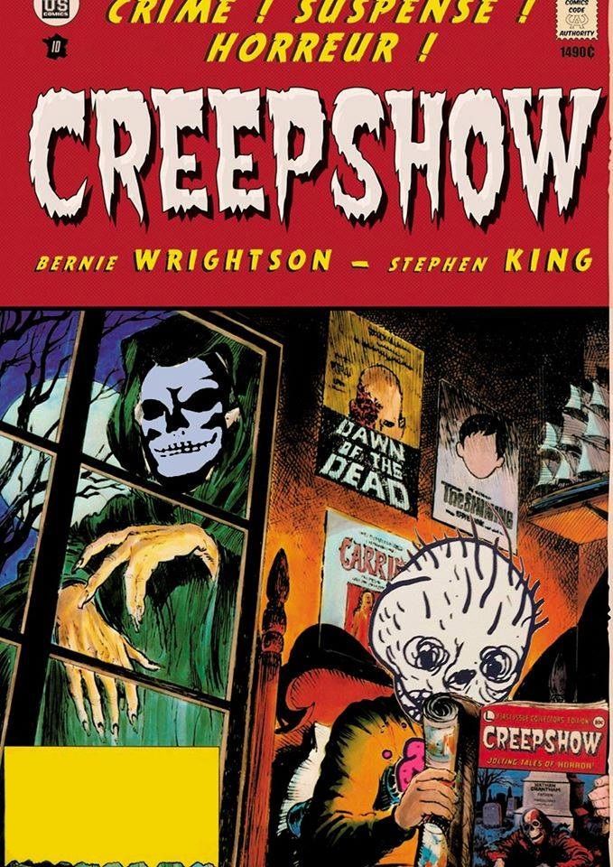 A poster for the 1980s horror movie movie 'Creepshow' depicting a boy reading a comic while a ghoulish figure looks on through a window.

This image has been altered by replacing the ghoul's face with the skull from Orchid's 'Chaos is Me' album artwork and the boys face has been replaced by the sketchy face of the character form Combatwoundedveteran's 'This is not an erect, all red neon body' album artwork