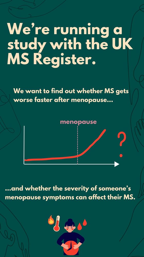 We’re running a study with the UK MS Register. We want to find out whether MS gets worse faster after menopause [image of a graph showing a red line getting steeper after a point labelled “menopause”]… and whether the severity of someone’s menopause symptoms can affect their MS.