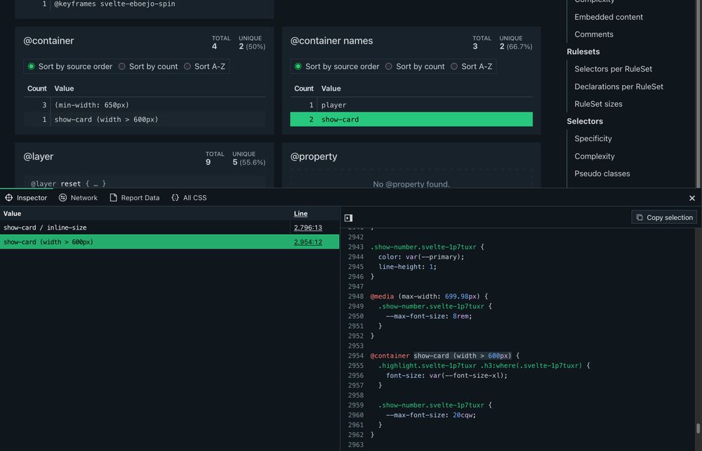 Project Wallace's CSS Analysis overview focusing on the atrules section, showing two panels about CSS containers. The first panel shows which container queries were found. The second panel shows which container names were found, both in container queries as well as declarations explicitly setting a `container-name` property (or via the `container` shorthand 🤮).