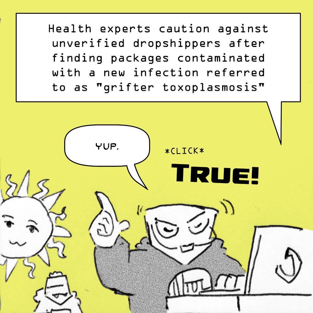 Panel 3. The computer puts forward another statement. "Health experts caution against unverified dropshippers after finding packages contaminated with a new infection referred to as "grifter toxoplasmosis." Tul nods thoughtfully, responding "Yup." She clicks to mark the statement as true. End description.