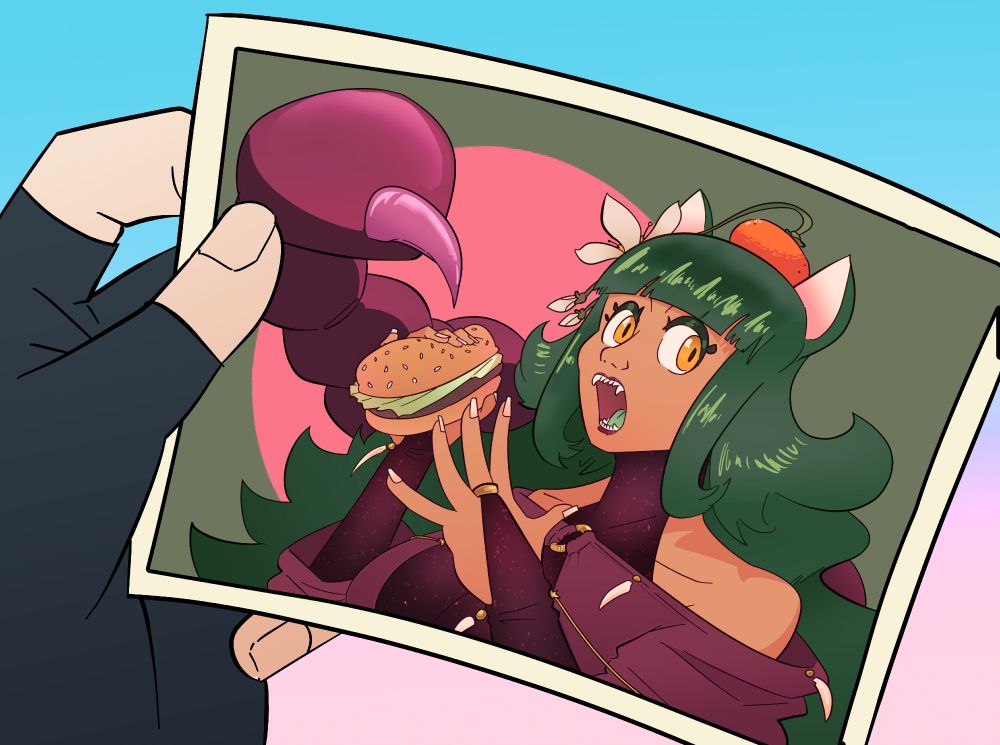 Fanart of SonoMikan, a Toku villainess vtuber eating a burger based on a frame of Sailor Moon.