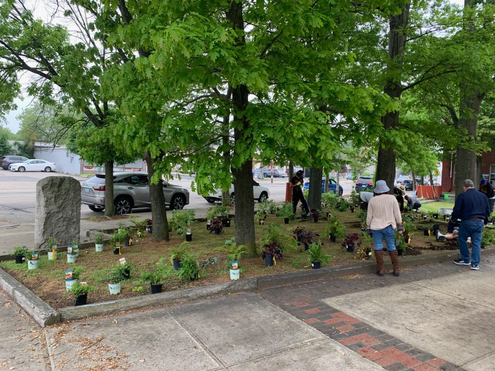 People planting at Washington Park Library.