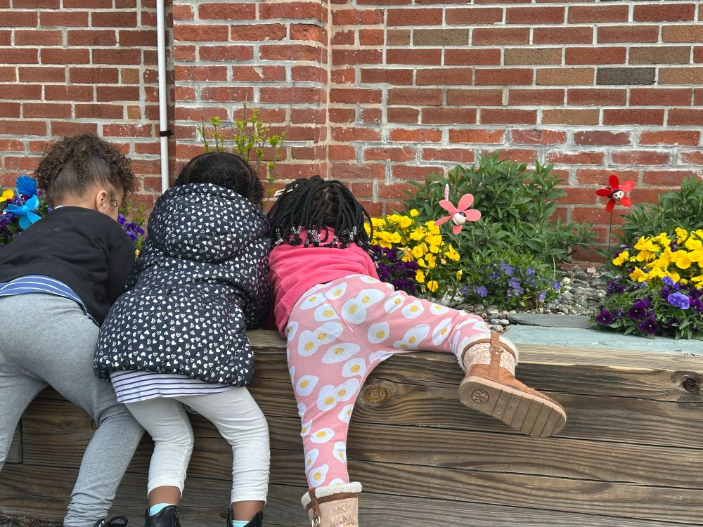 Kids at Children's Friend investigating some flowers.