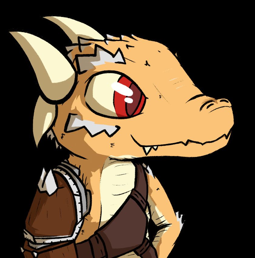 An orange kobold with red eyes, and a crude wooden/metal right arm.