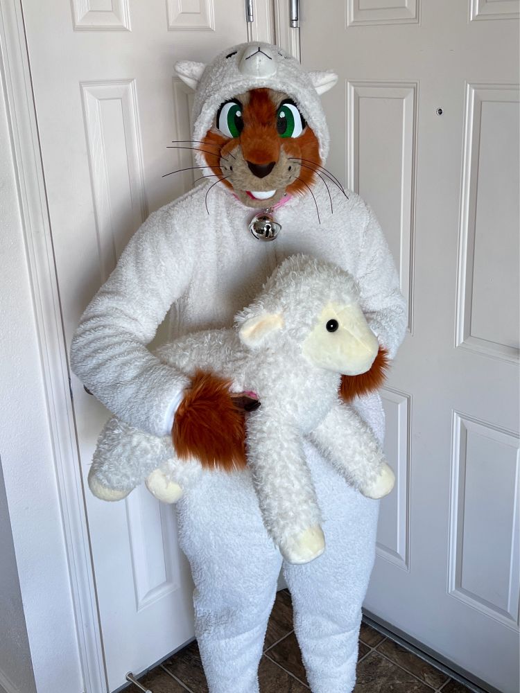 Squirrel fursuit wearing a sheep costume and holding a sheep plushie