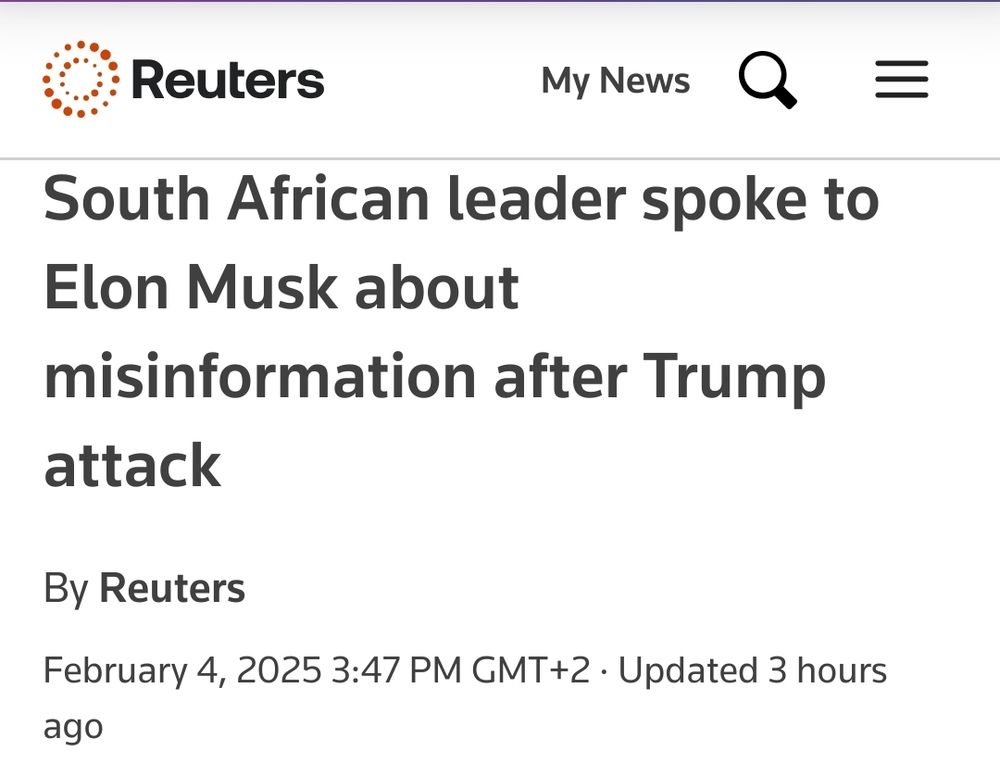 a Reuters headline which reads: "South African leader spoke to Elon Musk about misinformation after Trump attack"