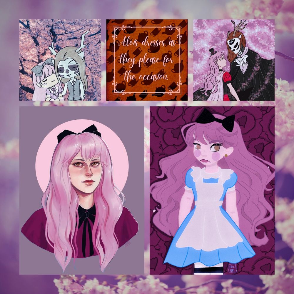 Background: cherry blossoms.
Top left image: Alois (pink haired person in a pink dress) and Jabber (skull faced person with horns wearing a suit).
Top middle image: a text graphic with brown background with teapots pattern, text reads: Alois dresses as they please for the occasion. 
Top right: Alois in a red and black dress and pink cloak, looking up at Jabber who is in a black coat.
Bottom left: a headshot of Alois.
Bottom right: a drawing of Alois in a blue and white dress and apron with a rose pattern background.