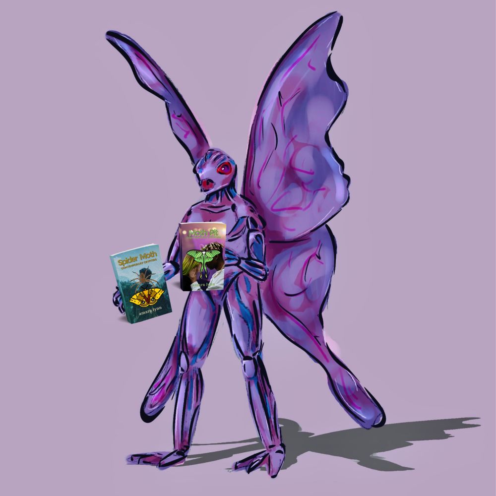 An illustration of a mothman holding Amara's two mothman books, Spider Moth and Moth Pit.