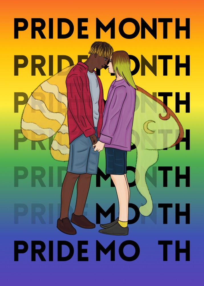 A rainbow gradient background with the text pride month repeated, letters gradually fading until it says pride moth. Atop is an illustration of Sol and Erris from from Moth Pit with their moth wings out.