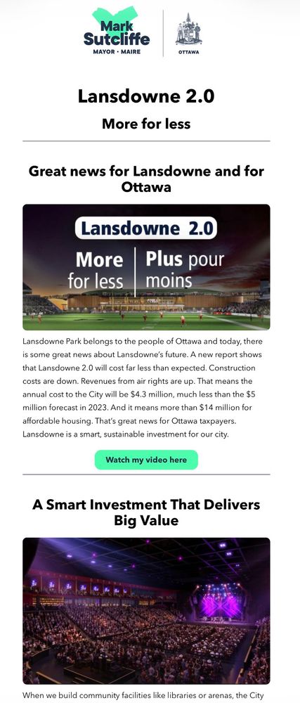Screenshot from Mark Sutcliffe’s email newsletter. Headline reads “Lansdowne 2.0, more for less”. A second headline reads “a smart investment that delivers big value”