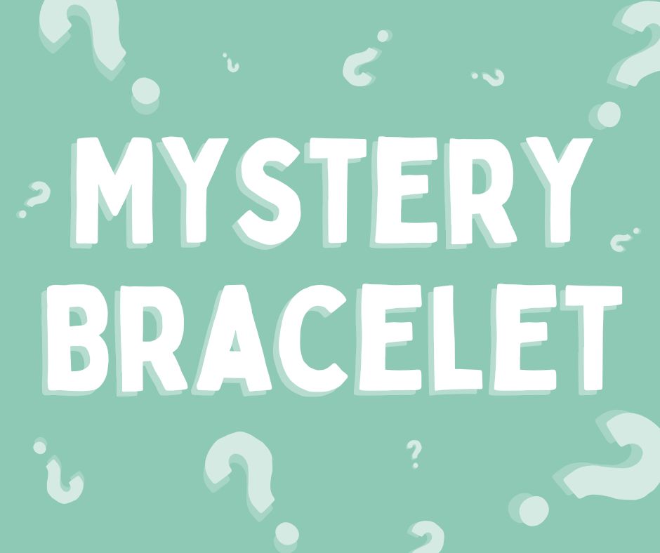 Teal background with semi-transparent white question marks scattered around at different angles. The text in white in the middle says "Mystery Bracelet".