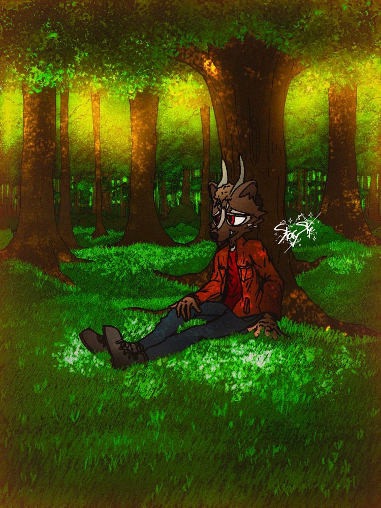 A birthday gift for my friend @racc.quest

A raccoon with horns wearing a brown leather jacket, jeans, and boots he's laying beneath the trees in a forest, leaning on a tree.

there's a glimmering light shining down from the trees above.