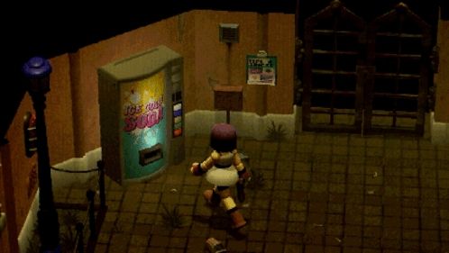 a video game character is standing in front of an ice cream soda vending machine