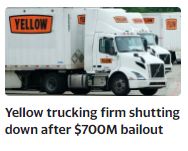 A bunch of trucks for the company yellow, with their logo of black letters an an orange background.  Text reads, "Yellow trucking firm shutting down after $700M bailout."