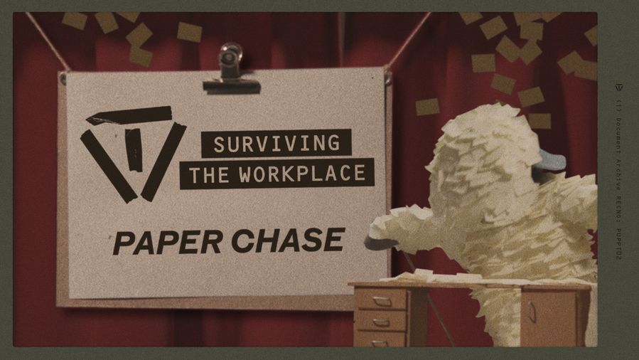 Surviving the Workplace: Paper Chase. A puppet of a Firebreak agent is covered in sticky notes.