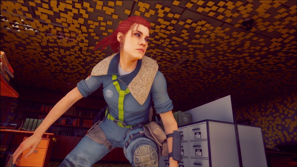 A screenshot of Jesse Faden from Control. Behind her, the floor and ceiling of the office are covered with yellow sticky notes.
