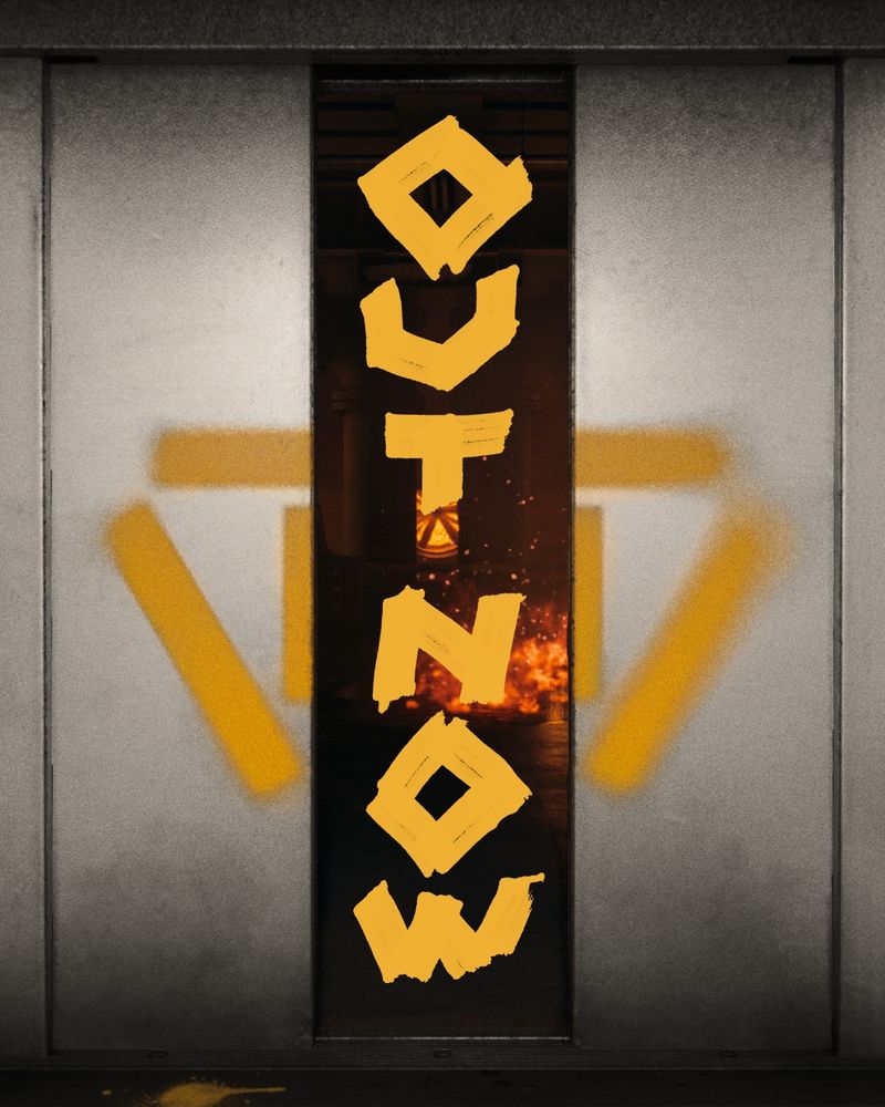 An elevator door opening to reveal the Oldest House. OUT NOW is written across it in bold yellow letters. The Firebreak emblem is spray painted on the door in yellow.