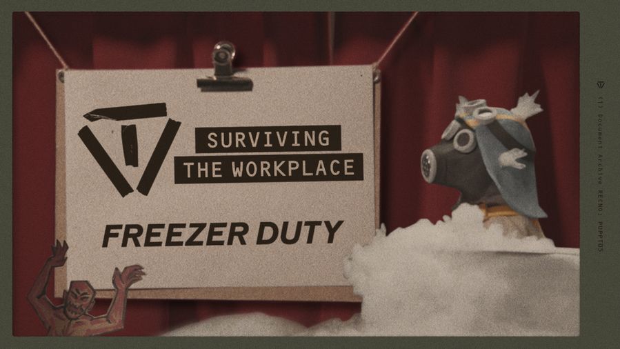 Surviving the Workplace: Freezer Duty. A puppet of a Firebreak agent covered in ice.