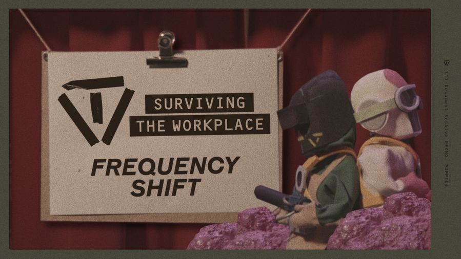 Surviving the Workplace: Frequency Shift. Two puppets of Firebreak agents are surrounded by a pink exogenous mass.