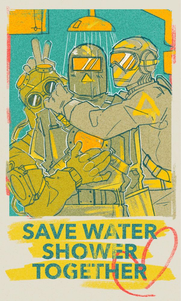 Remedy Fanwork of the Month, May 2025. The image shows three Firebreakers taking a shower together with the text "Sace water shower together" written at the bottom.