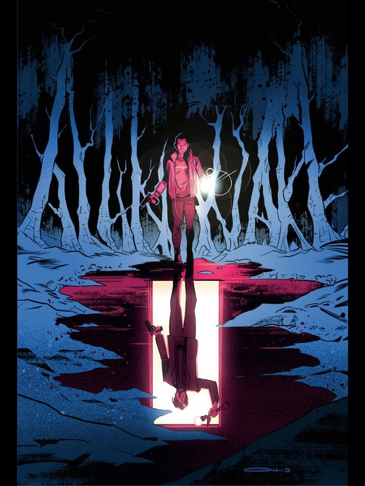 Saga Anderson standing in a dark forest with a flashlight in one hand and a pistol in the other. At her feet is a puddle of water and in the reflection of the water you can see Alan Wake holding the Angel Lamp in one hand and a pistol in the other while standing in a doorway. Behind Saga you can see trees that form the words "Alan Wake".