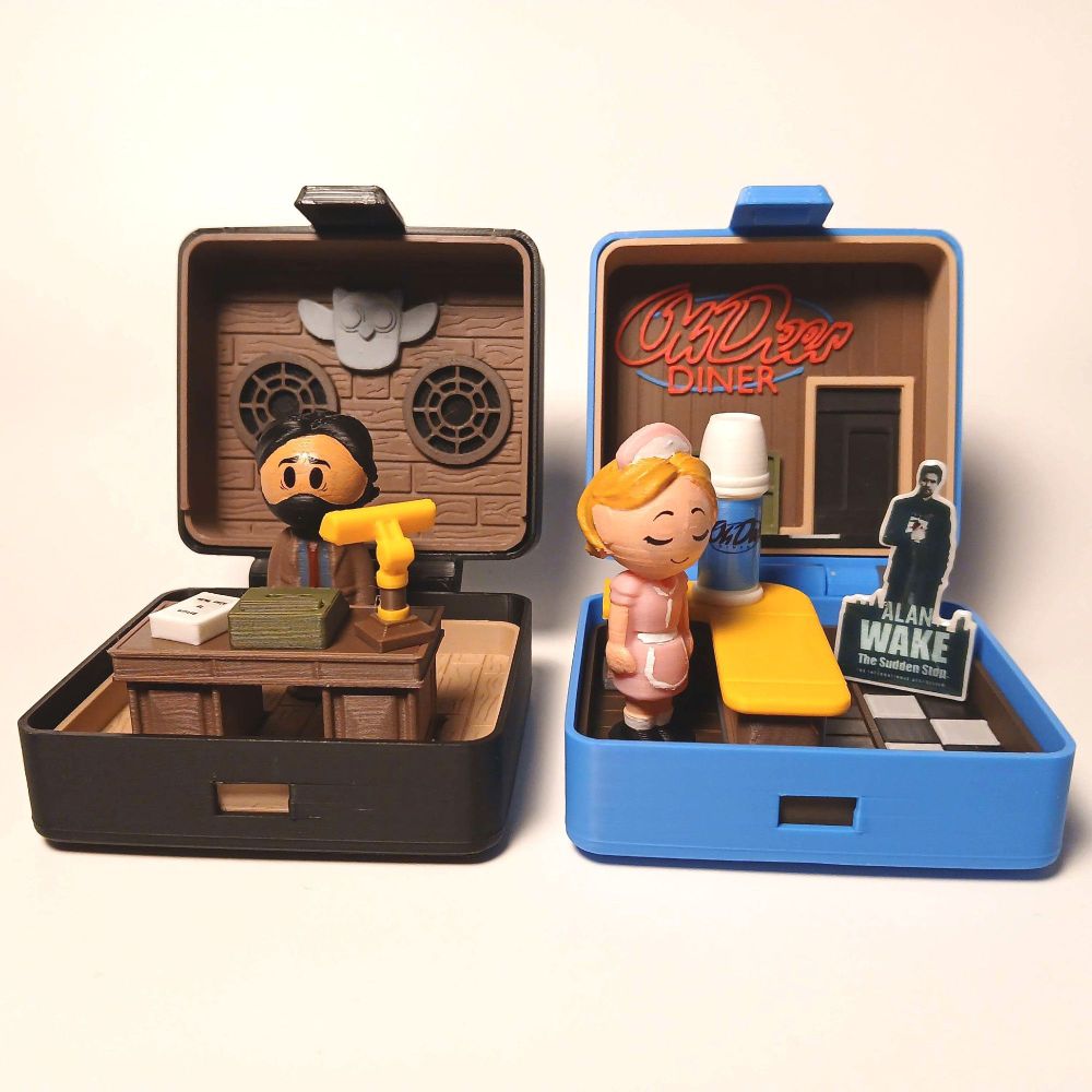 In the style of Polly Pocket, Alan Wake 3D printed mini figure set that includes Alan, his desk, Return manuscript, typewriter, and desk lamp. Oh Deer Diner mini figure set with Rose figure, the counter, Oh Deer Diner thermos, and Alan Wake cutout.