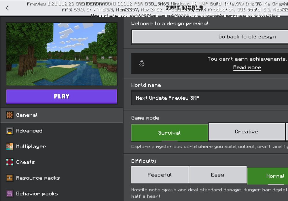 A screenshot of the new Realms Edit World screen showing General, Advanced, Multiplayer settings and more with a big, purple "PLAY" button in the top left.