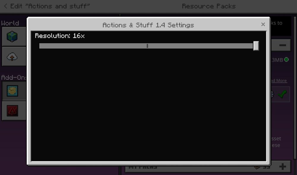 An image showing the Actions & Stuff 1.4 Settings with a "Resolution" slider set to "16x"