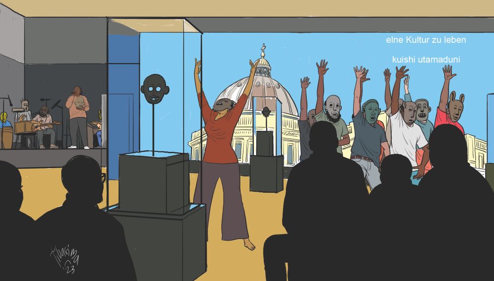 A drawing. A performance. An audience watching dancers who wear  masks. In the background visuals of Humboldt Forum.