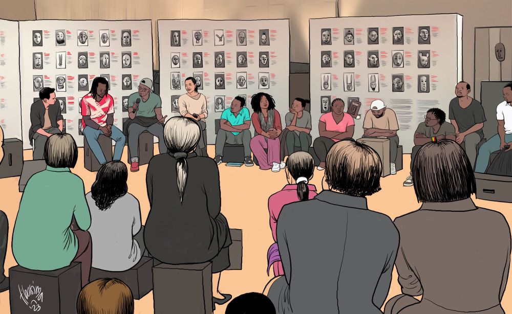 A drawing. A round circle discussion. In the background there are masks.