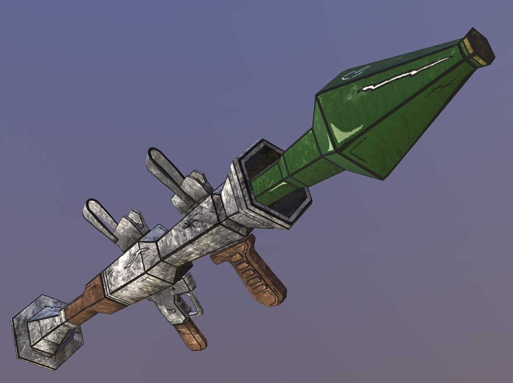 Hand drawn textures on a 3d modelled rocket launcher, the style is very cellshaded inspired in its look, with dark lines on the corners, and very popping shades and colors. 