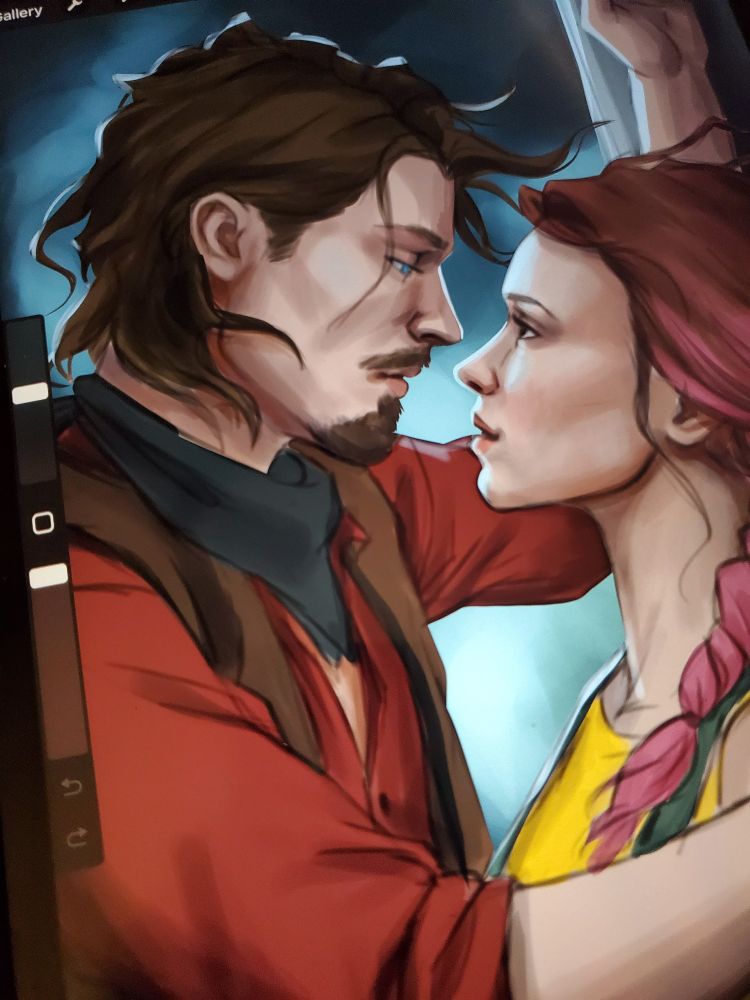 Digital work in progress of two characters in an intimate moment while a tornado rages behind them